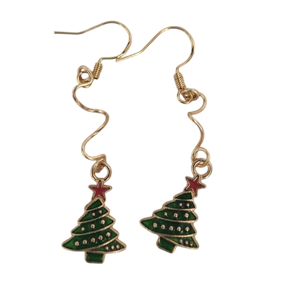 14K Gold Plated Christmas Tree Enamel Earrings - Picture 1 of 2